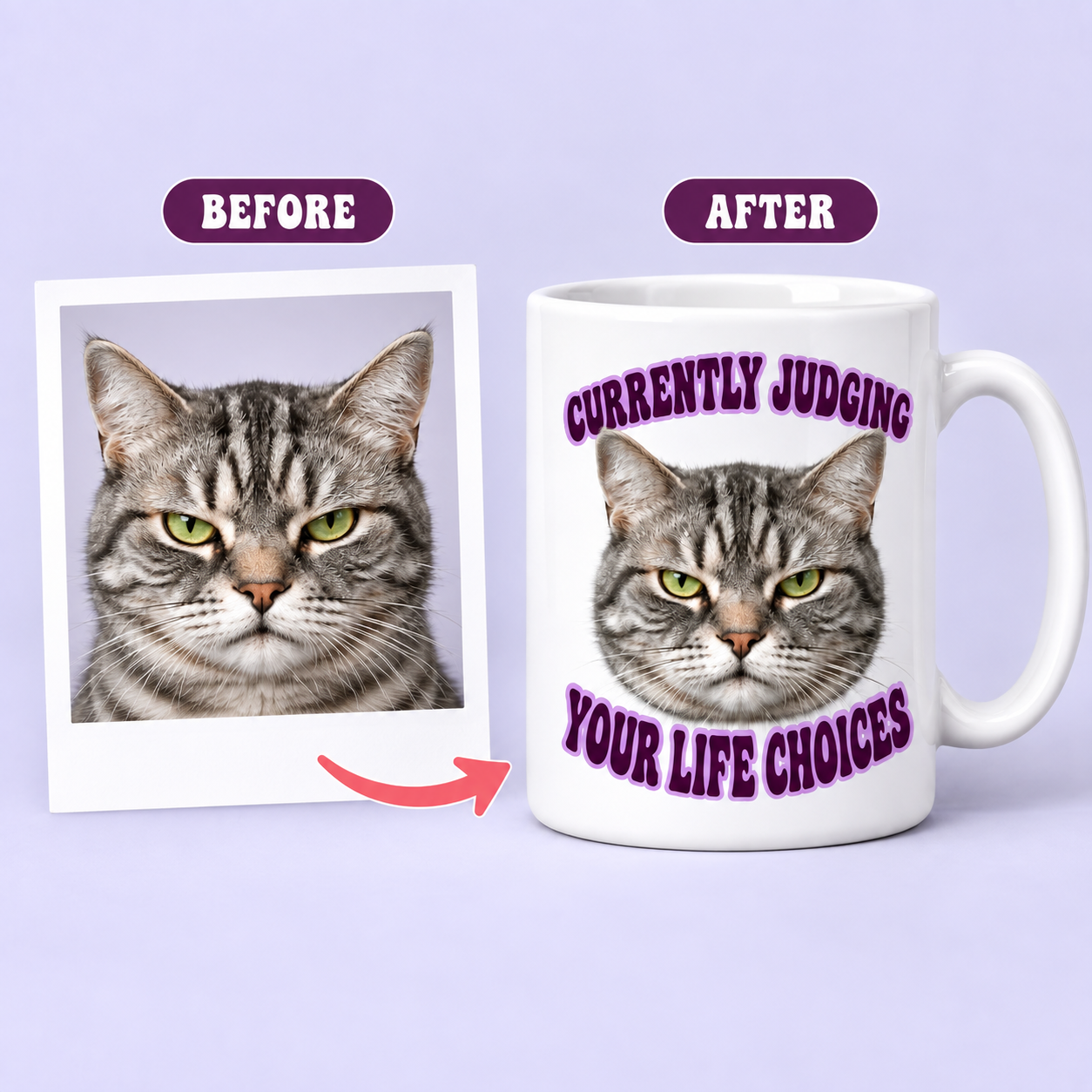 Before and after: a gray cat's photo turned into a personalized mug