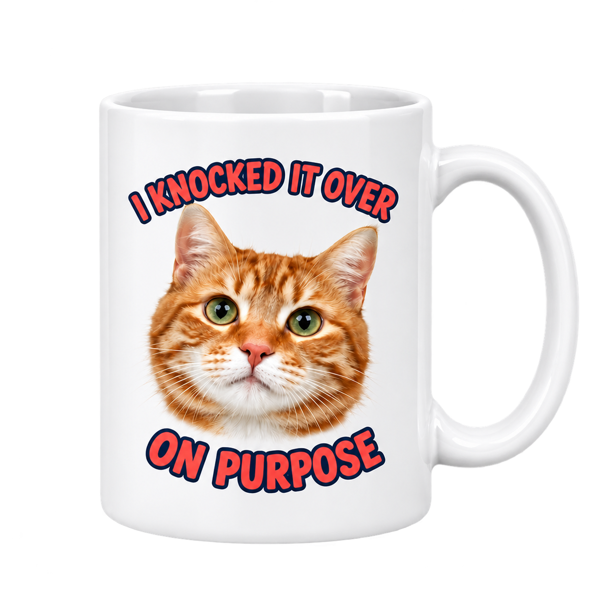 White personalized mug showing an orange cat and the words I knocked it over on purrpose